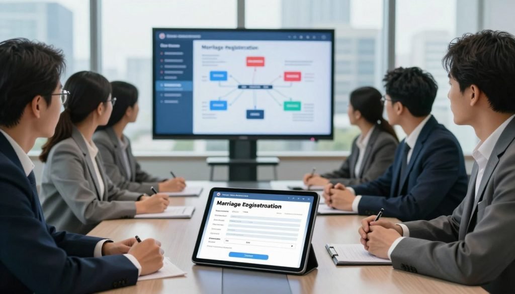 In a modern office setting, a diverse group of professionals in business attire is gathered around a sleek conference table, discussing digital innovations in marriage registration. The foreground features a digital tablet displaying a marriage registration form with interactive features. In the middle, a large screen shows data visualizations and digital flowcharts illustrating the advantages of online registration processes. The background features large windows with city views, softly diffused natural light illuminating the room. The mood is collaborative and forward-thinking, emphasizing the seamless integration of technology in marriage registration. The image conveys a sense of progress and professionalism, capturing the essence of digital transformation in legal processes. In a modern office setting, a diverse group of professionals in business attire is gathered around a sleek conference table, discussing digital innovations in marriage registration. The foreground features a digital tablet displaying a marriage registration form with interactive features. In the middle, a large screen shows data visualizations and digital flowcharts illustrating the advantages of online registration processes. The background features large windows with city views, softly diffused natural light illuminating the room. The mood is collaborative and forward-thinking, emphasizing the seamless integration of technology in marriage registration. The image conveys a sense of progress and professionalism, capturing the essence of digital transformation in legal processes.